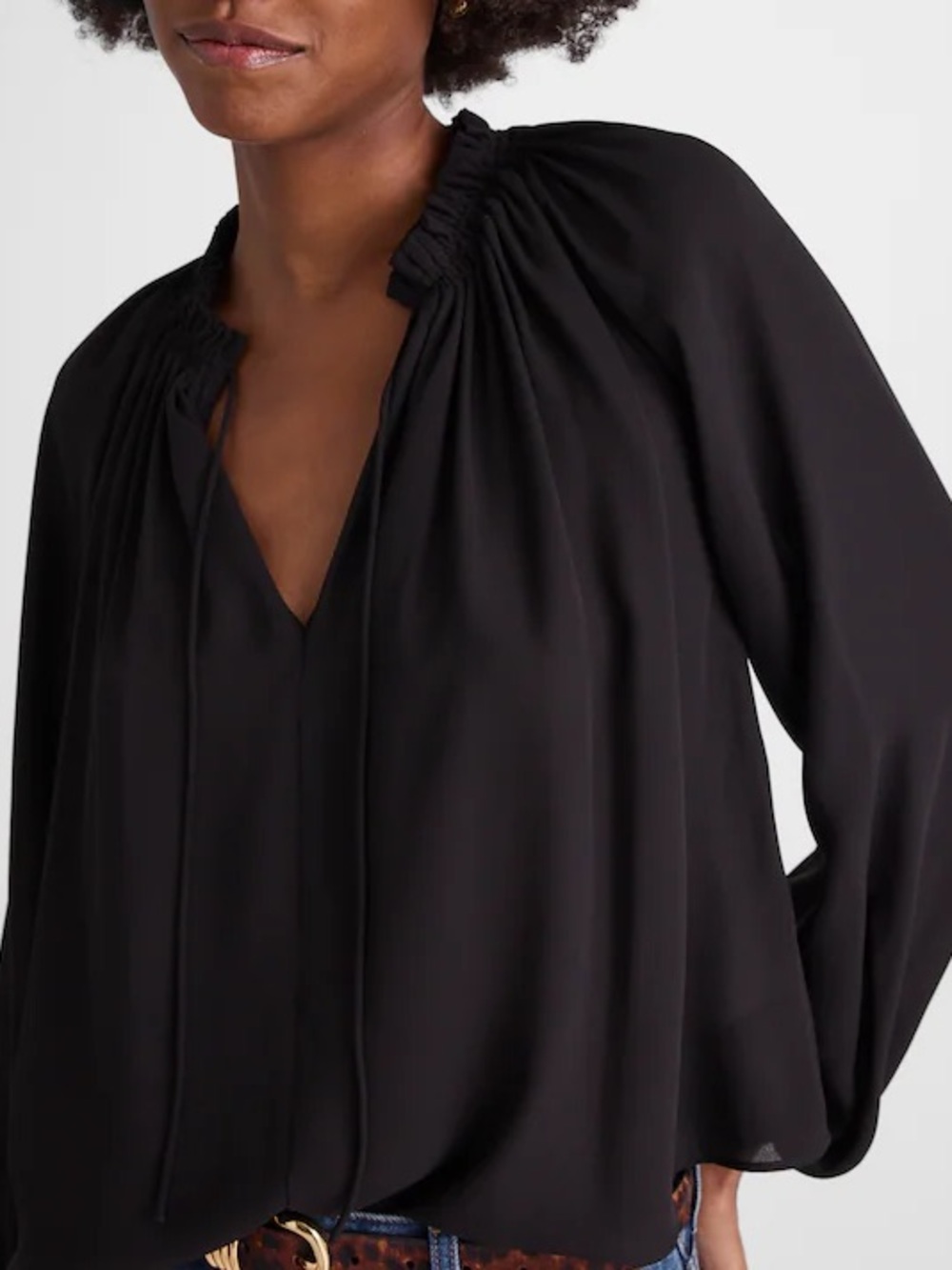 NWT! Madewell - Long-Sleeve Tie-Neck Top - Black - Size XXS